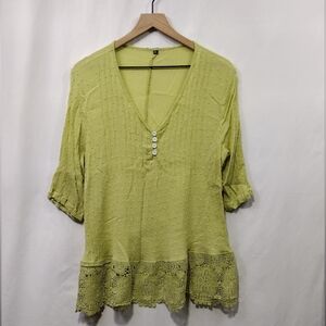 Womens Textured Lace Trim Babydoll Top Women's 2XL Yellow Casual Comfy Retro 90s